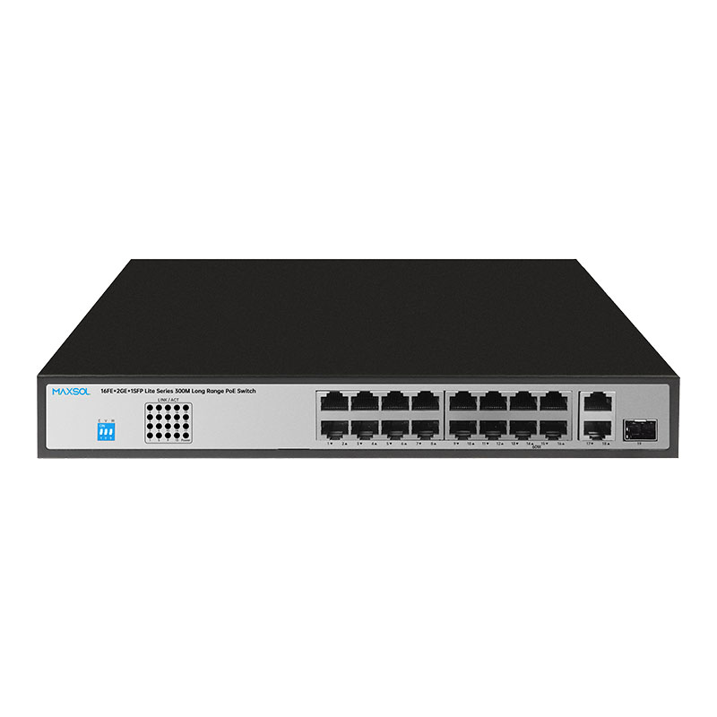 Μεταγωγέας PoE σειράς Lite 16FE+2GE+1GF με uplink, εμβέλεια 300M και ισχύ 200W